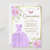 Invitation Robe florale lavande papillon Or Quinceanera (Devant)