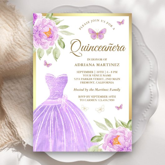 Invitation Robe florale lavande papillon Or Quinceanera