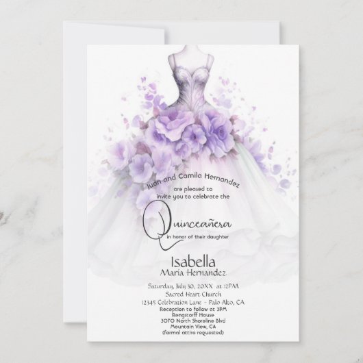 Invitation Robe florale lilas pour Quinceañera (Devant)