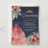 Invitation Robe Florale Marsala Rouge Marine Or Quinceanera (Devant)