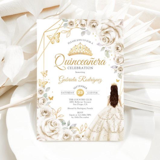 Invitation Robe Florale Or Crème d'or Quinceanera