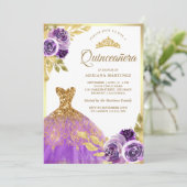 Invitation Robe Florale pourpre Étincelle Or Quinceanera (Debout devant)