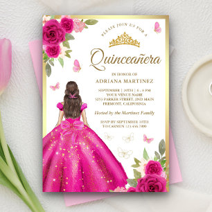 Invitation Robe Florale Rose Chaud Papillon Or Quinceanera