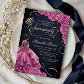 Invitation Robe Florale rose chaud Quinceañera