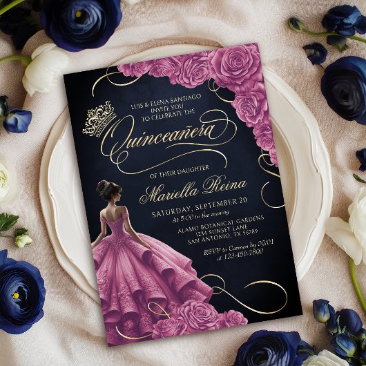 Invitation Robe Florale rose chaud Quinceañera