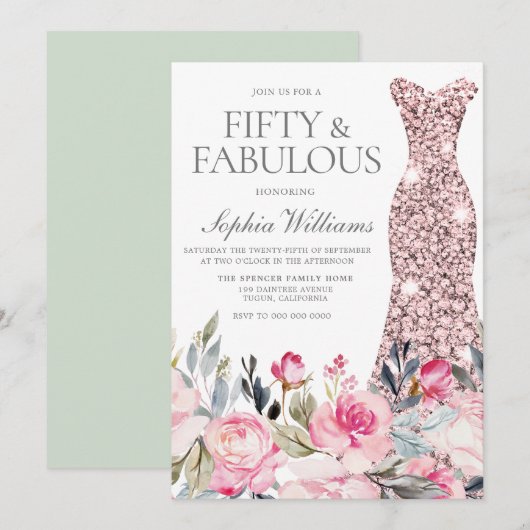 Invitation Robe florale rose Fifty & Fabulous 50e anniversair (Devant / Derrière)
