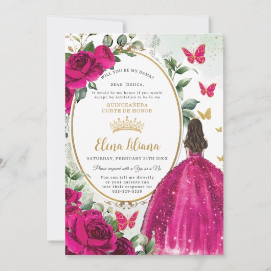 Invitation Robe Florale rose Fuchsia Quinceañera Demande de D (Devant)