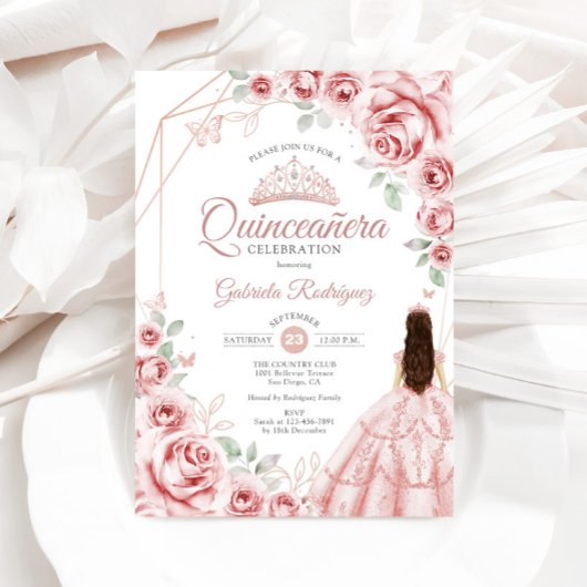 Invitation Robe Florale rose or Rose Quinceanera
