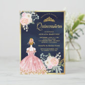 Invitation Robe florale rose pâle Marine bleu or Quinceanera (Debout devant)