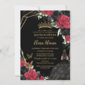 Invitation Robe Florale Rose rouge or Quinceañera XV (Devant)