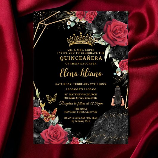 Invitation Robe Florale Rose rouge or Quinceañera XV