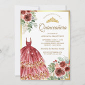 Invitation Robe Florale Rouge Marsala Quinceanera Or (Devant)
