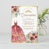 Invitation Robe Florale Rouge Marsala Quinceanera Or (Debout devant)