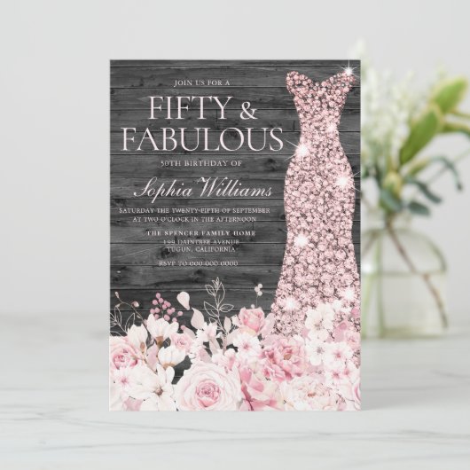 Invitation Robe florale rousse Charbon rustique 50e anniversa (Debout devant)