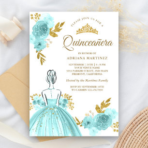 Invitation Robe florale sarcelle princesse Quinceanera or
