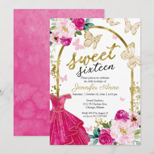 Invitation Robe florale Sweet 16 Papillon Rose Chaud Or Doré