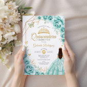 Invitation Robe Florale Turquoise de Quinceanera