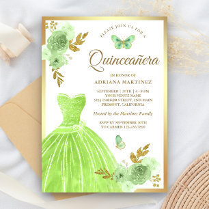 Invitation Robe Florale Vert Citron Papillon Or Quinceanera