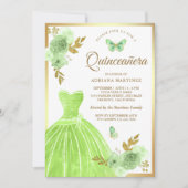 Invitation Robe Florale verte Lime Papillon Or Quinceanera (Devant)