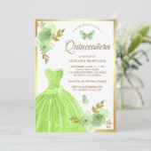 Invitation Robe Florale verte Lime Papillon Or Quinceanera (Debout devant)