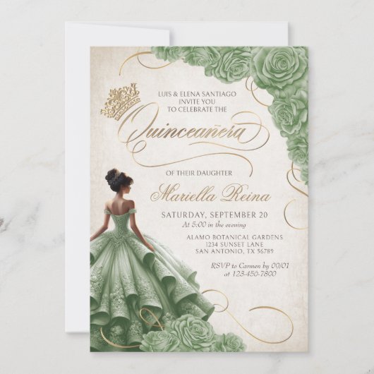 Invitation Robe Florale verte Sage Quinceañera (Devant)