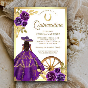 Invitation Robe florale violette Charro Quinceanera or