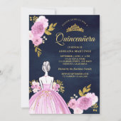 Invitation Robe Florale violette Marine bleu or Quinceanera (Devant)