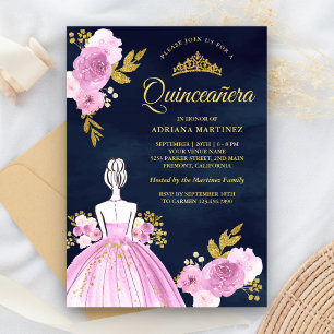 Invitation Robe Florale violette Marine bleu or Quinceanera