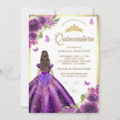 Invitation Robe Florale violette Papillon Or Quinceanera (Devant)