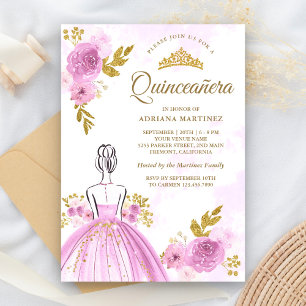 Invitation Robe Florale violette Princesse Or Quinceanera