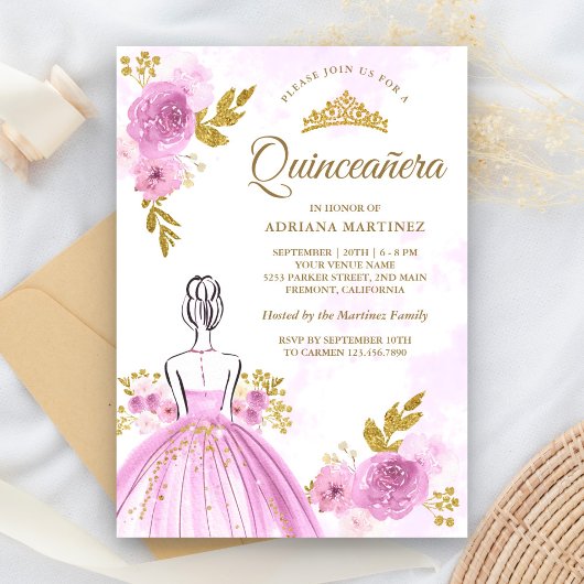 Invitation Robe Florale violette Princesse Or Quinceanera