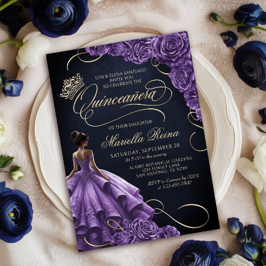 Invitation Robe florale violette Quinceañera