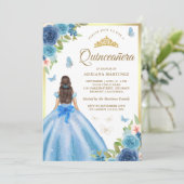 Invitation Robe Flore Bleu doux Papillon Or Quinceanera (Debout devant)