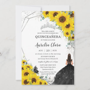 Invitation Robe Flore de Tournesol Quinceañera en argent noir