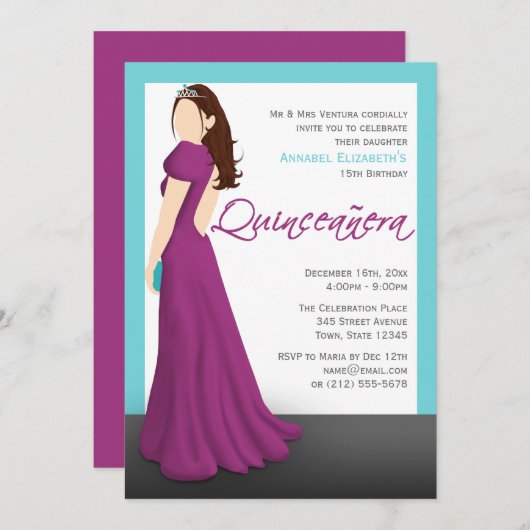 Invitation Robe Fuchsia Tiara Turquoise Quinceañera (Devant / Derrière)