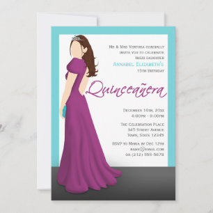 Invitation Robe Fuchsia Tiara Turquoise Quinceañera