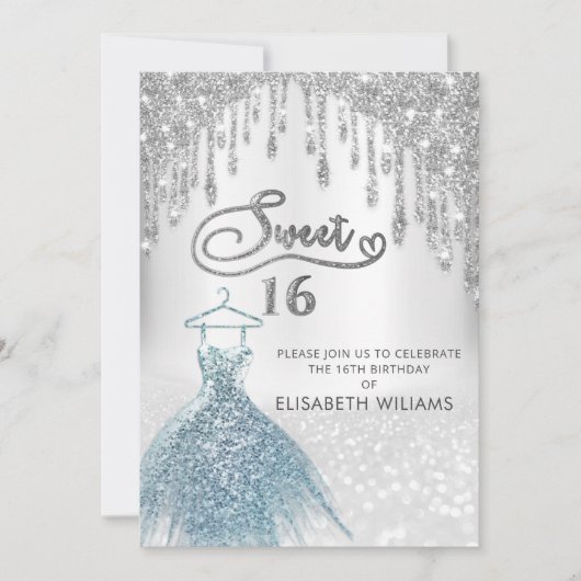 Invitation Robe Girly chic goutte argent glittery ombre (Devant)