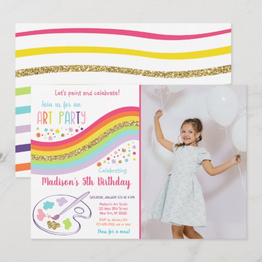 Invitation Robe Gold Rainbow Art Party Pour Un Mess Anniversa (Devant / Derrière)