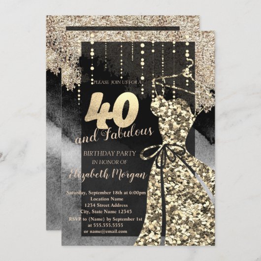 Invitation Robe Gold Sequins 40e fête d'anniversaire (Devant / Derrière)