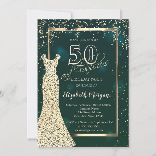 Invitation Robe Gold Sequins Vert 50e anniversaire (Devant)