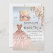 Invitation Robe gouttes de rose doré Fleur Argent 18e Anniver (Devant)