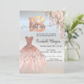 Invitation Robe gouttes de rose doré Fleur Argent 18e Anniver (Debout devant)