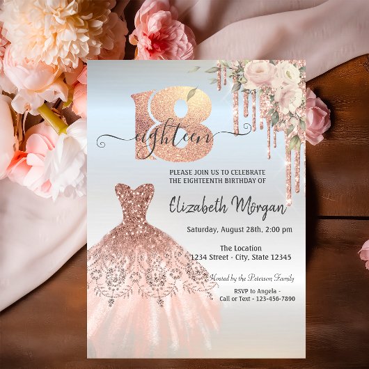 Invitation Robe gouttes de rose doré Fleur Argent 18e Anniver