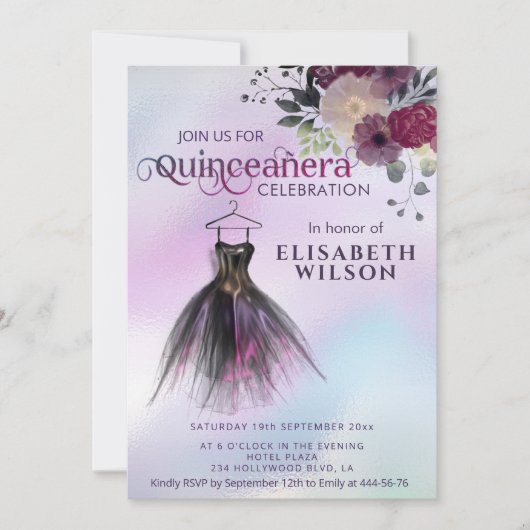 Invitation Robe holographique florale adorable Quinceañera (Devant)