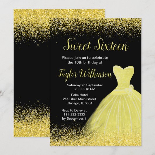 Invitation Robe jaune brillant Faux paillettes Sweet 16 Anniv (Devant / Derrière)