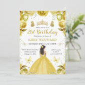 Invitation Robe jaune princesse brune anniversaire (Debout devant)