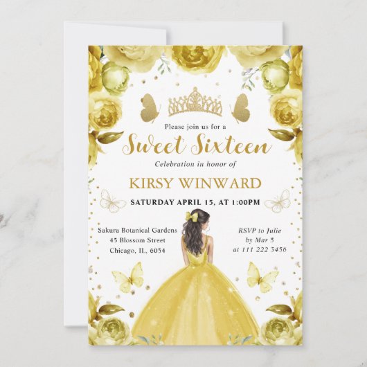 Invitation Robe Jaune Princesse Brune Sweet 16 (Devant)