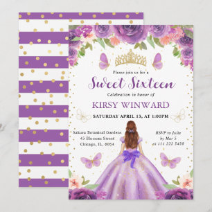 Invitation Robe lilas Princesse aux cheveux roux Douce 16 ans