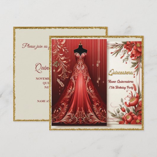 Invitation Robe longue Forme Rouge Quinceañera Anniversaire I (Devant / Derrière)