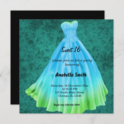 Invitation Robe longue Sweet 16 (Turquoise) (Devant / Derrière)